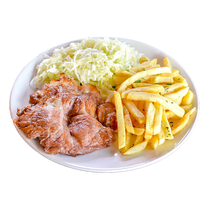 imagine Ceafă de porc cu cartofi prăjiti si salată de varză