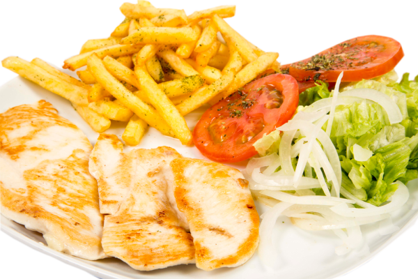imagine Piept de pui la gratar cu cartofi prajiti si salata de varza